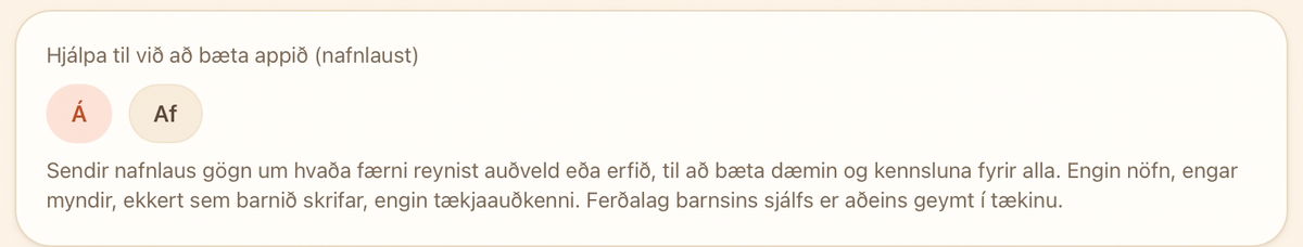 Skjámynd úr forritinu: valfrjáls nafnlaus tölfræði, útskýrð með orðum forritsins sjálfs